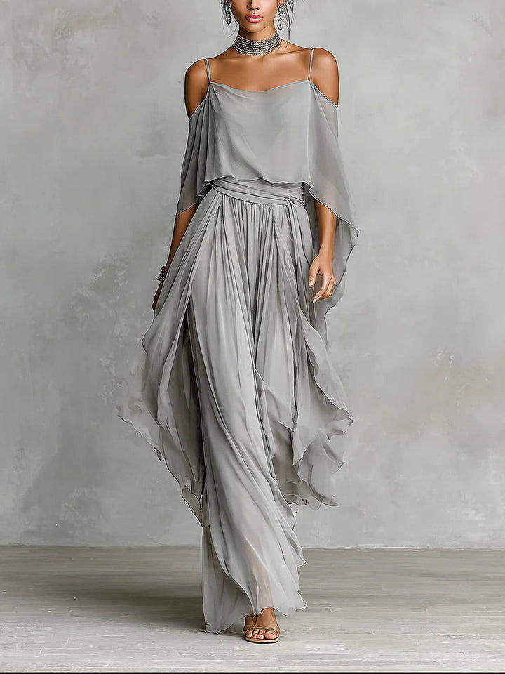 Isabella | Grå Flödande Topp & Chiffon Byxset