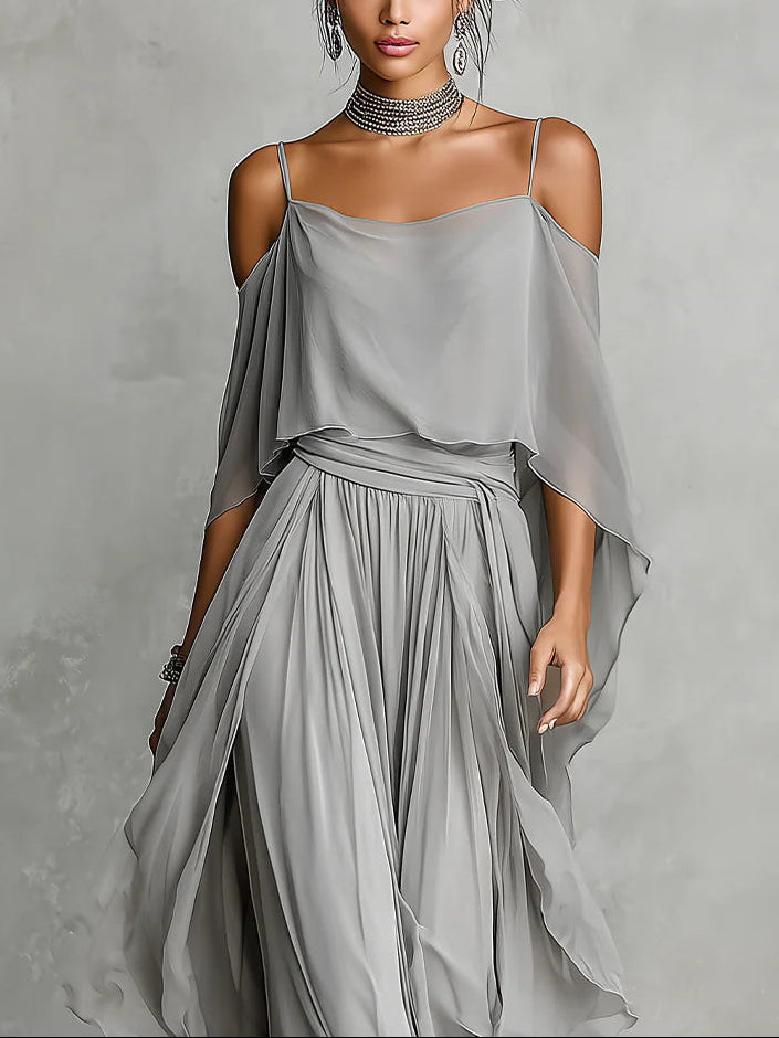 Isabella | Grå Flödande Topp & Chiffon Byxset