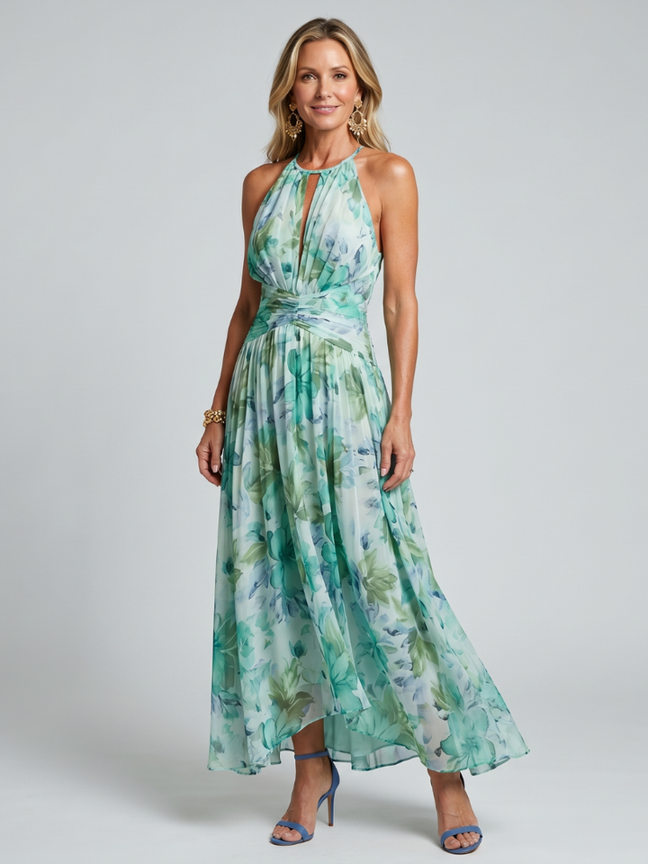Portia | Plisserad Halter Mjukt Blommönster Midiklänning