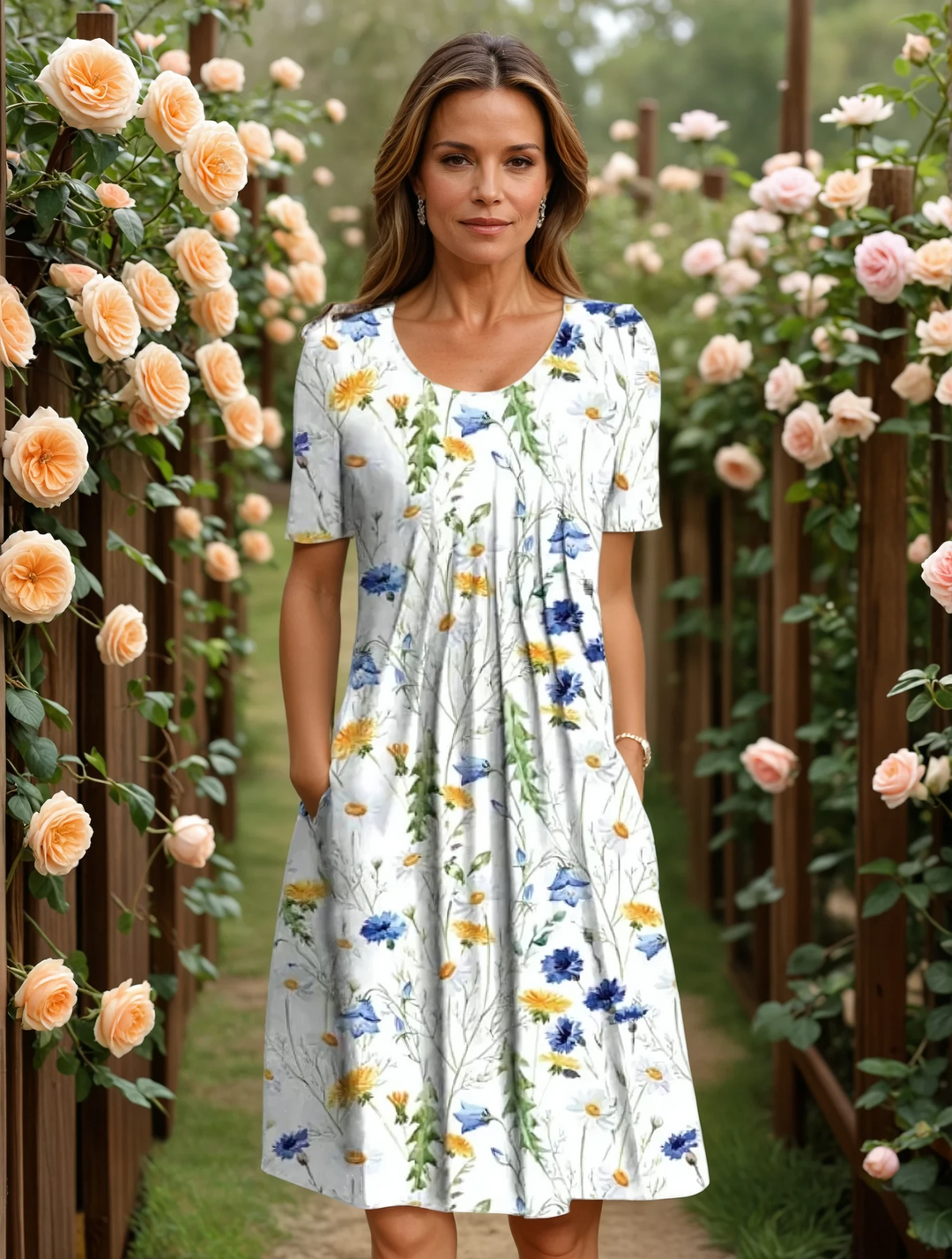 Willow | Blommig Midi-klänning med Empiremidjа och Sidfickor