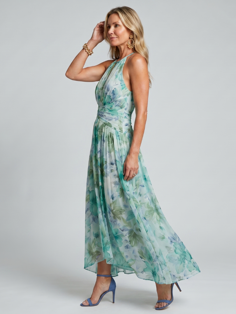 Portia | Plisserad Halter Mjukt Blommönster Midiklänning