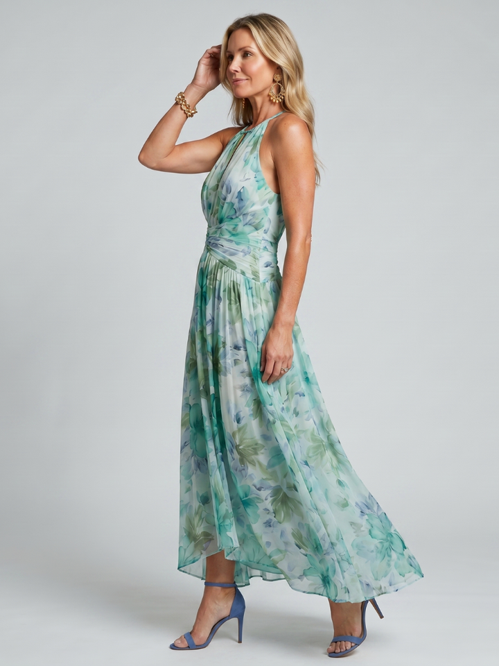 Portia | Plisserad Halter Mjukt Blommönster Midiklänning