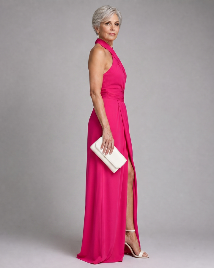 Vaelora | Kors Halter Draperad Sidoslits Midiklänning
