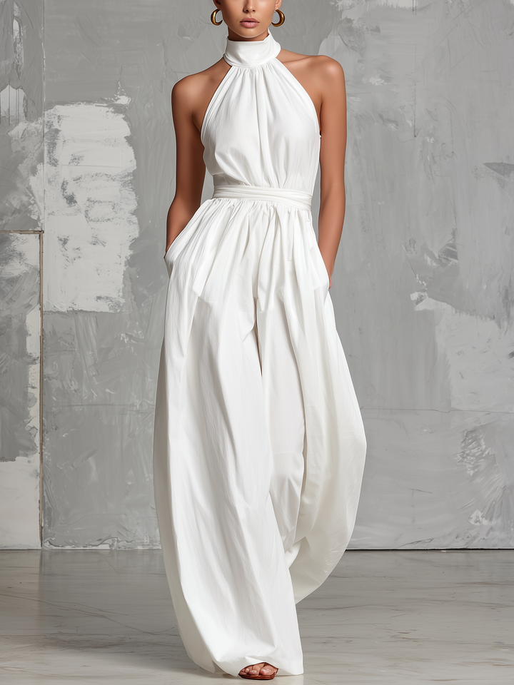 Zoltán | Elegant Vit Vävd Ärmlös Halterneck Overall