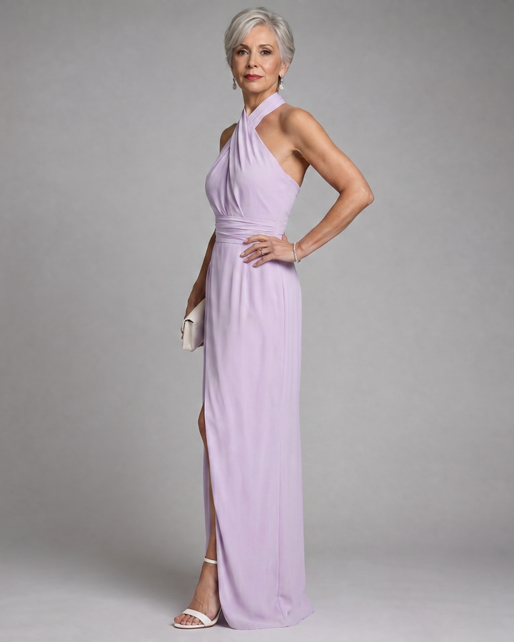 Vaelora | Kors Halter Draperad Sidoslits Midiklänning