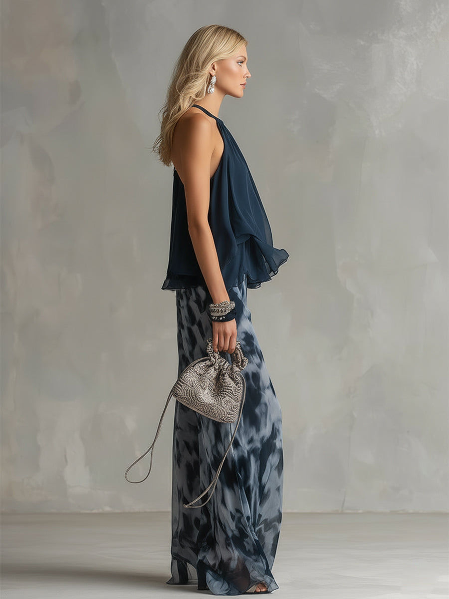 Ludovica | Elegant Chiffon Set med Halterneck och Vida Ben Tryckt Byxor