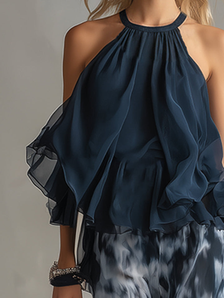 Ludovica | Elegant Chiffon Set med Halterneck och Vida Ben Tryckt Byxor