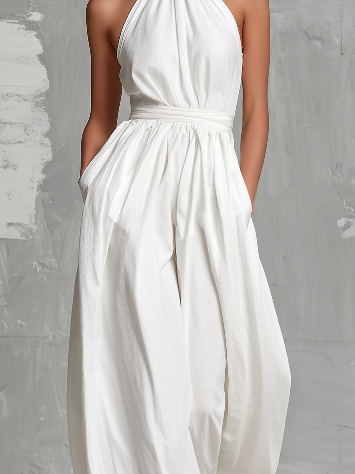 Zoltán | Elegant Vit Vävd Ärmlös Halterneck Overall