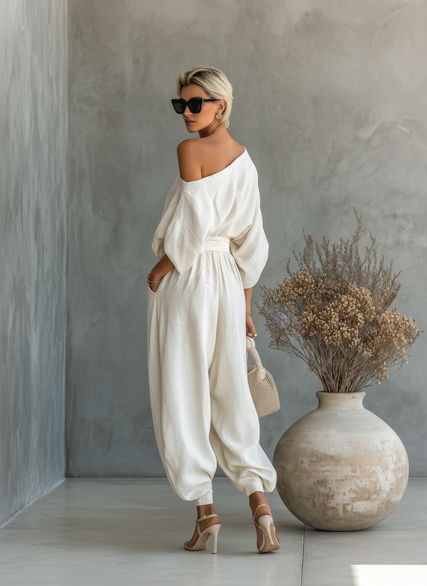 Benvit Linne Set med Off-Shoulder Topp och Avsmalnande Byxor