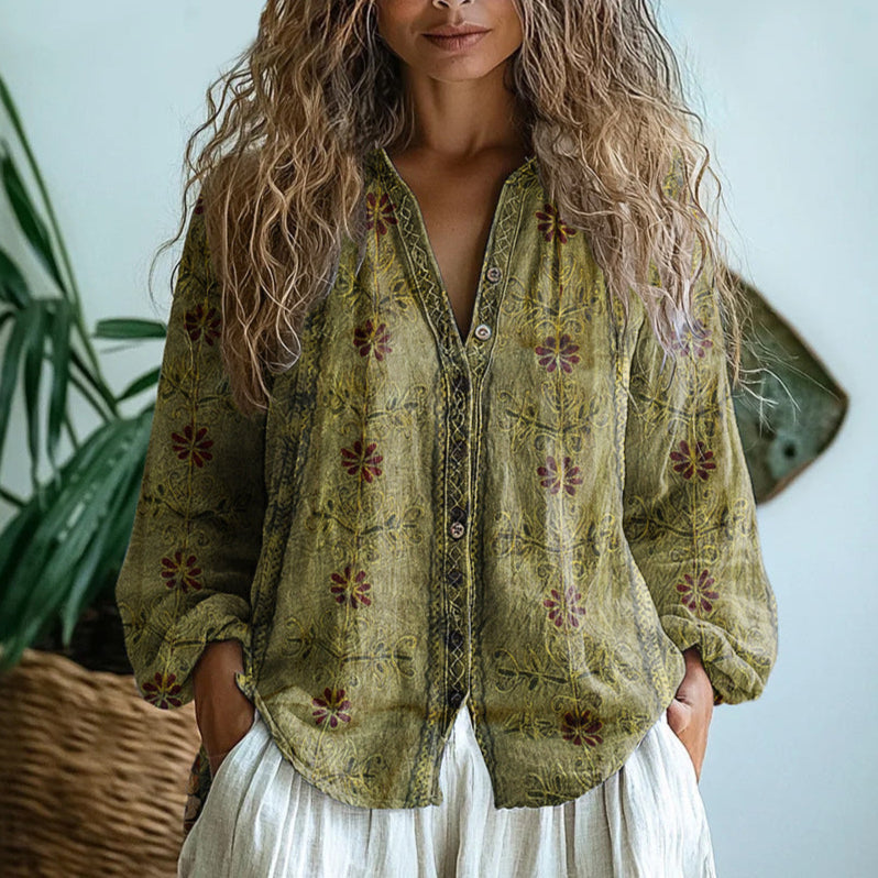 Nona™ | Vintage Lövmönstrad Blus