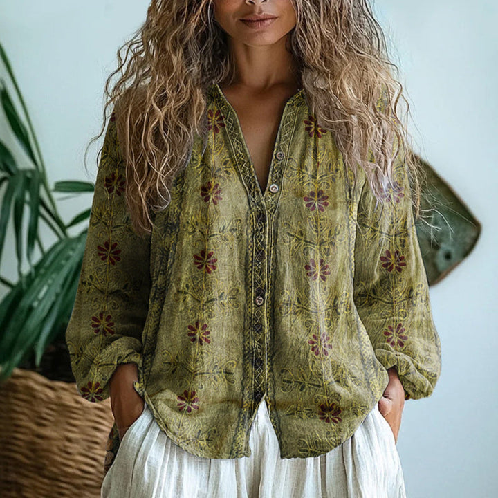 Nona™ | Vintage Lövmönstrad Blus