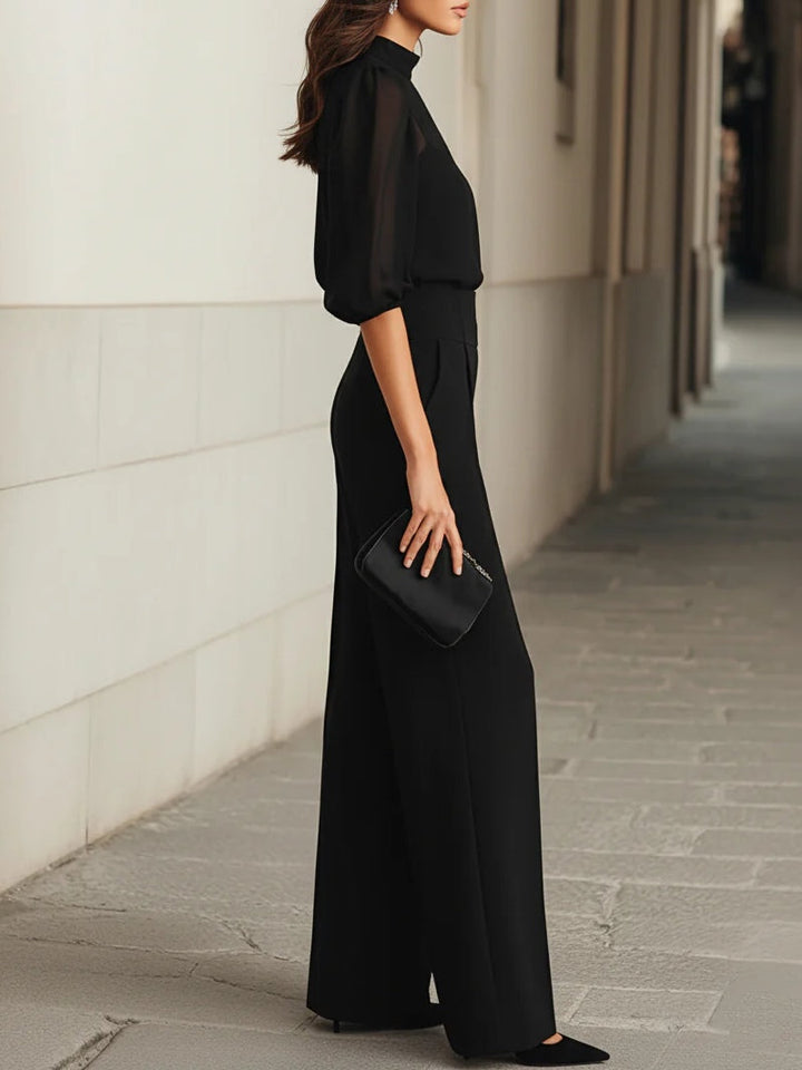 Valentina | Svart TreDelat Set med Genomskinlig Camisole och Vida Ben Byxor