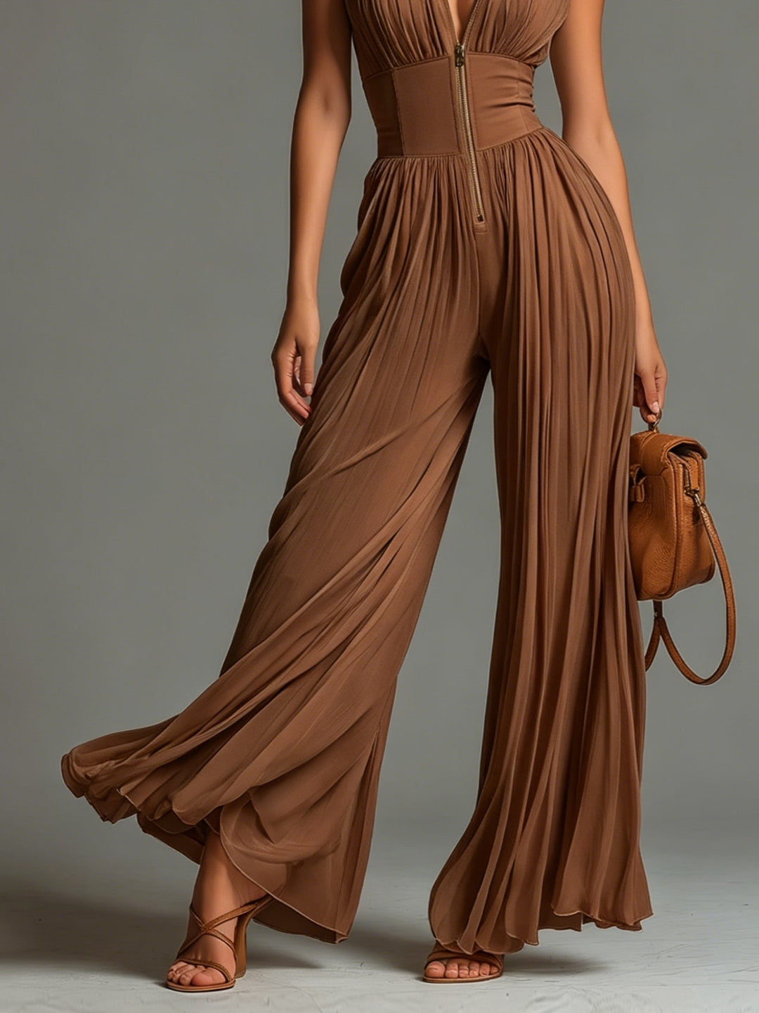 Zsófia | Brun Plisserad Chiffon Overall