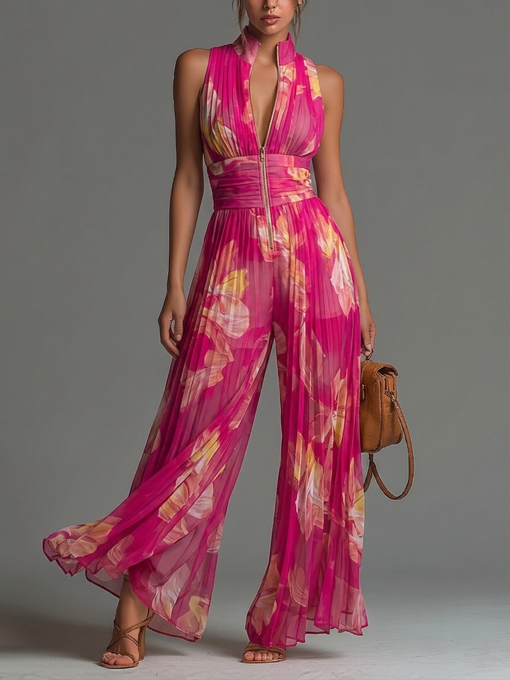 Zsófia | Fuchsia Blomster Plisserad Chiffon Overall