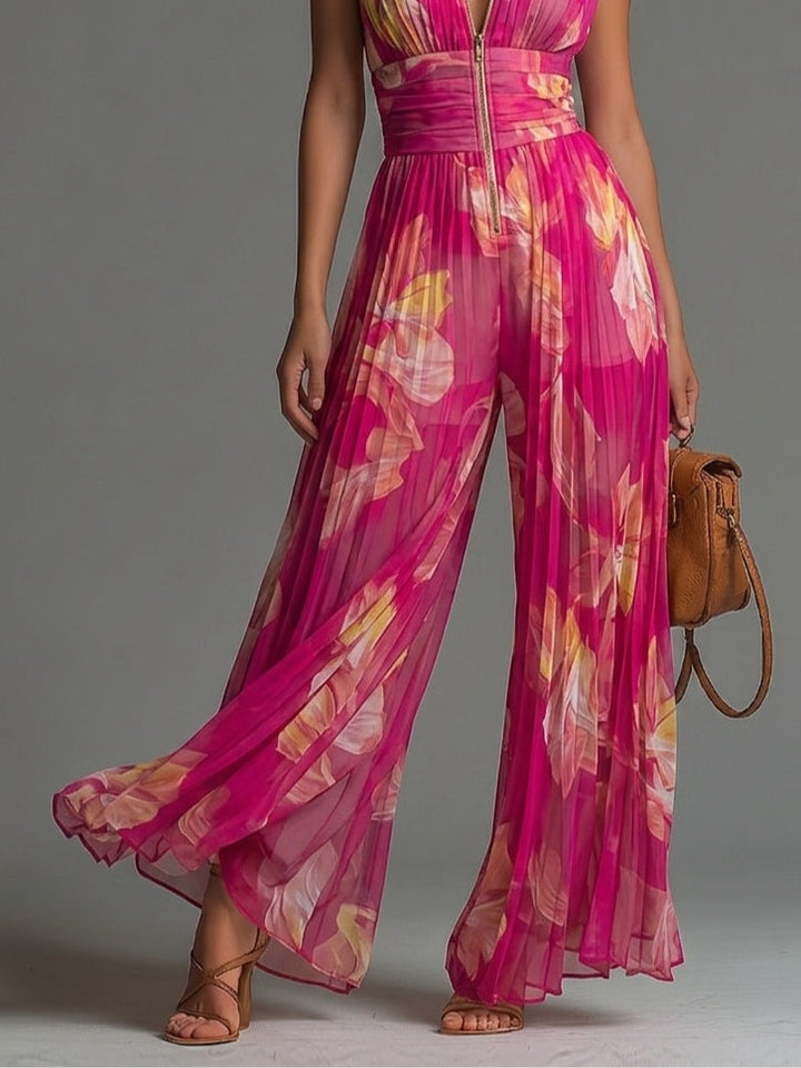Zsófia | Fuchsia Blomster Plisserad Chiffon Overall