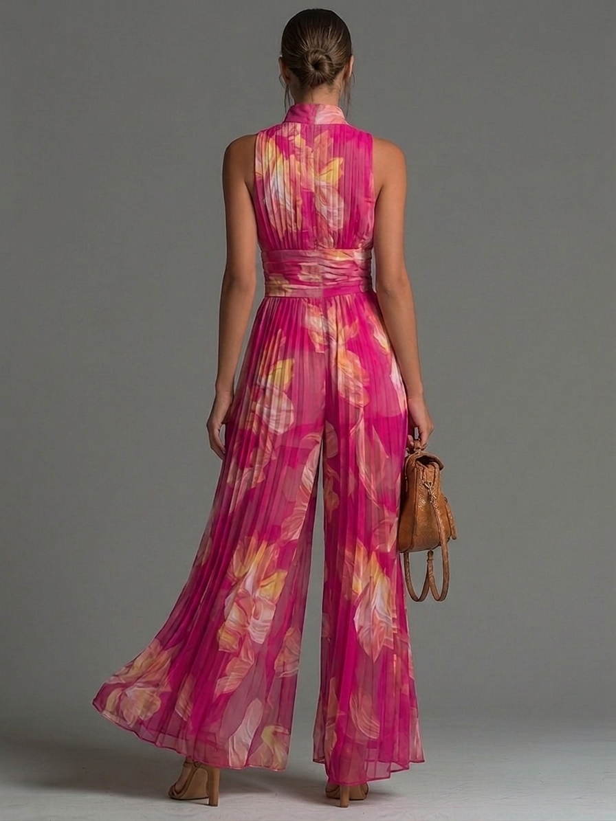 Zsófia | Fuchsia Blomster Plisserad Chiffon Overall
