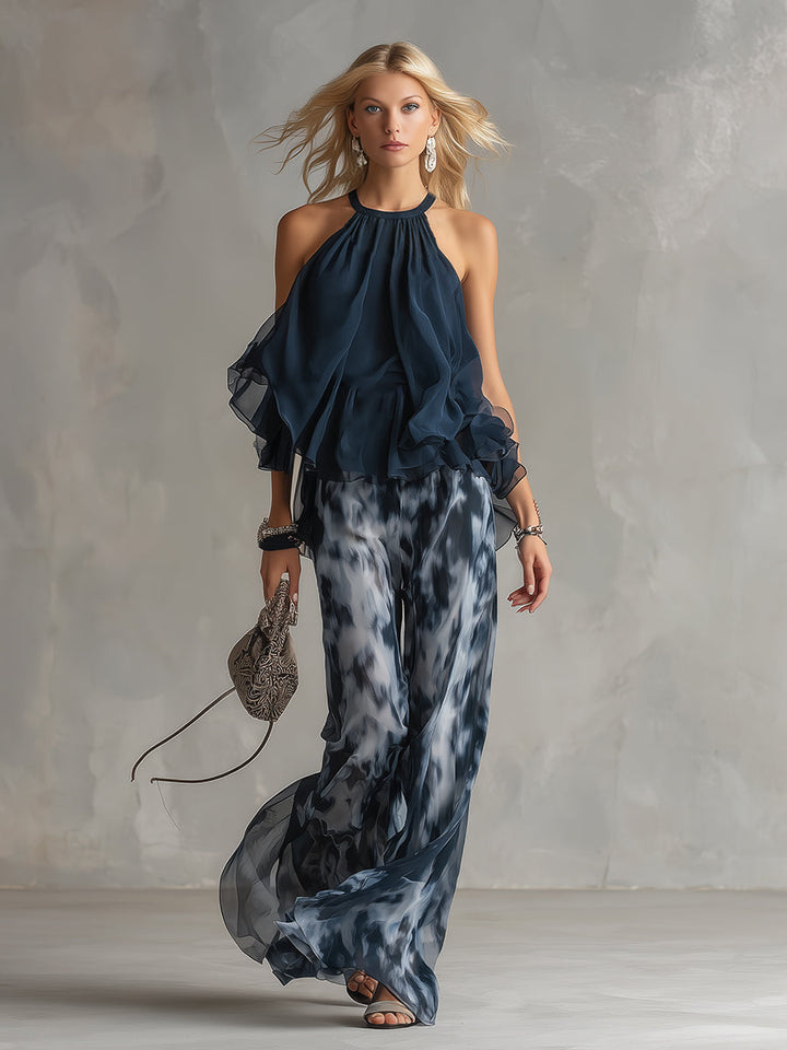 Ludovica | Elegant Chiffon Set med Halterneck och Vida Ben Tryckt Byxor