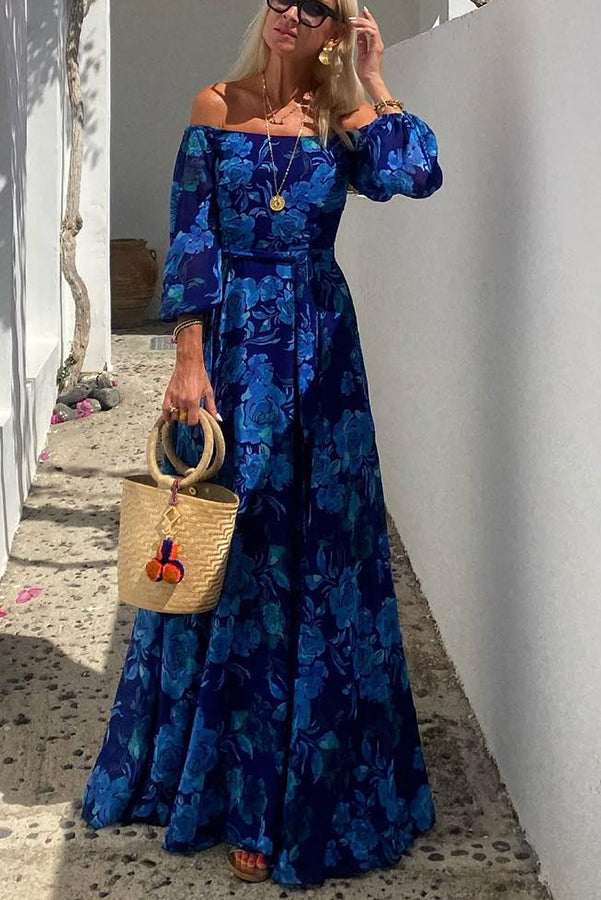 Luna™ | Lång Blomtrycksklänning med Off-Shoulder Ärmar