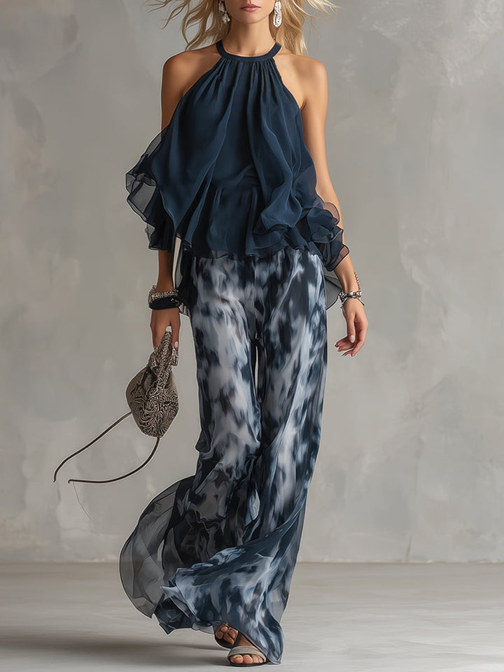Ludovica | Elegant Chiffon Set med Halterneck och Vida Ben Tryckt Byxor