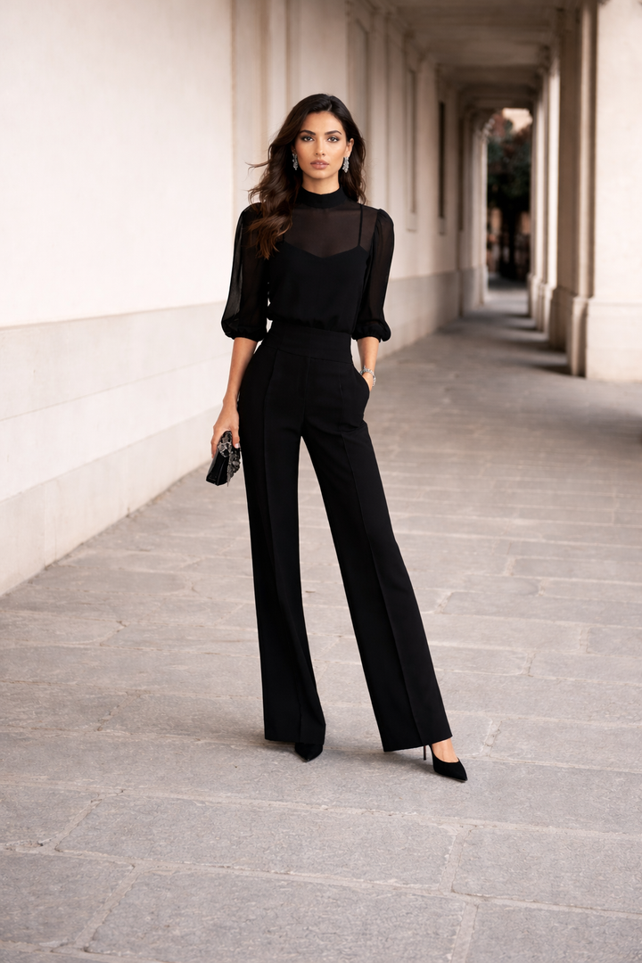 Valentina | Treedelat Set med Transparent Linne och Vida Byxor