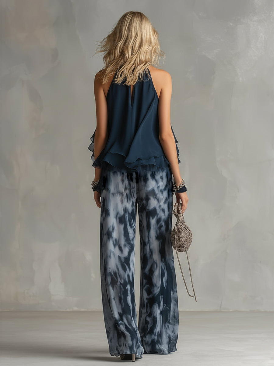 Ludovica | Elegant Chiffon Set med Halterneck och Vida Ben Tryckt Byxor