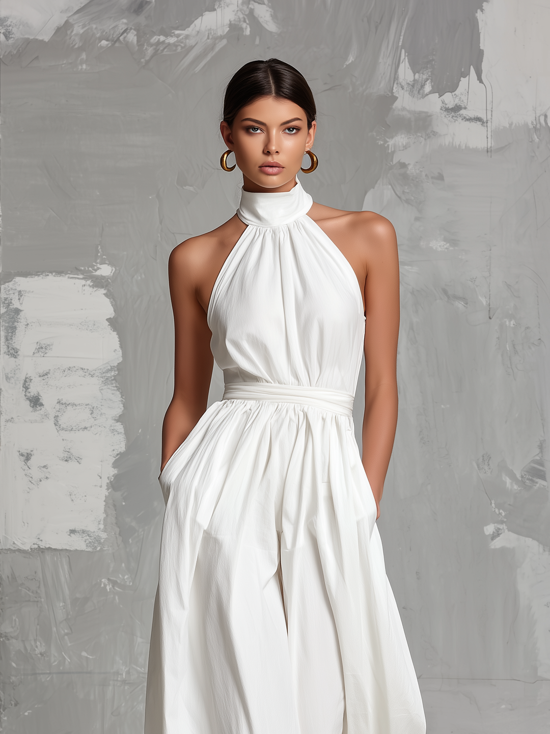 Zoltán | Elegant Vit Vävd Ärmlös Halterneck Overall