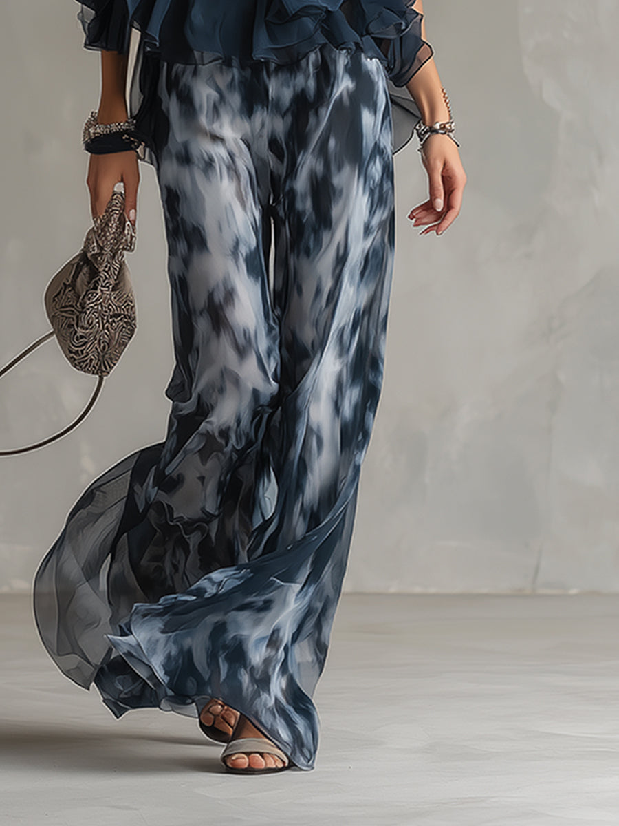 Ludovica | Elegant Chiffon Set med Halterneck och Vida Ben Tryckt Byxor