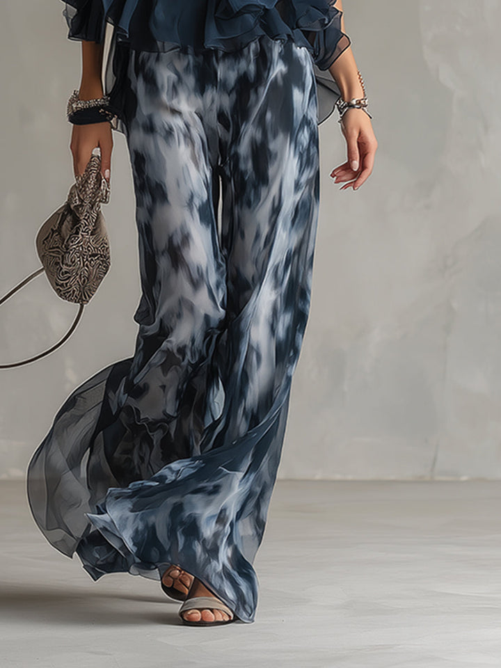 Ludovica | Elegant Chiffon Set med Halterneck och Vida Ben Tryckt Byxor