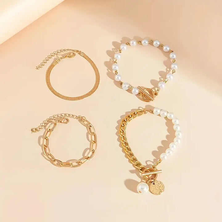 Elegant 4-delars guldarmbandset – Orm, pärlor och länkar