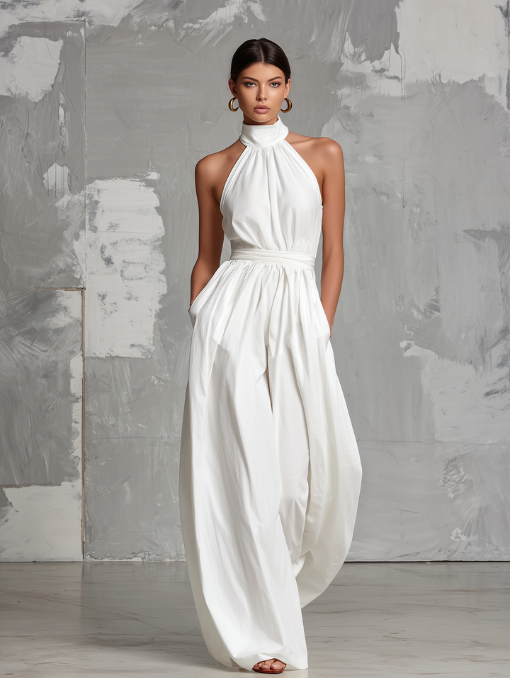 Zoltán | Elegant Vit Vävd Ärmlös Halterneck Overall
