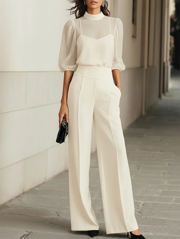 Valentina | Svart TreDelat Set med Genomskinlig Camisole och Vida Ben Byxor